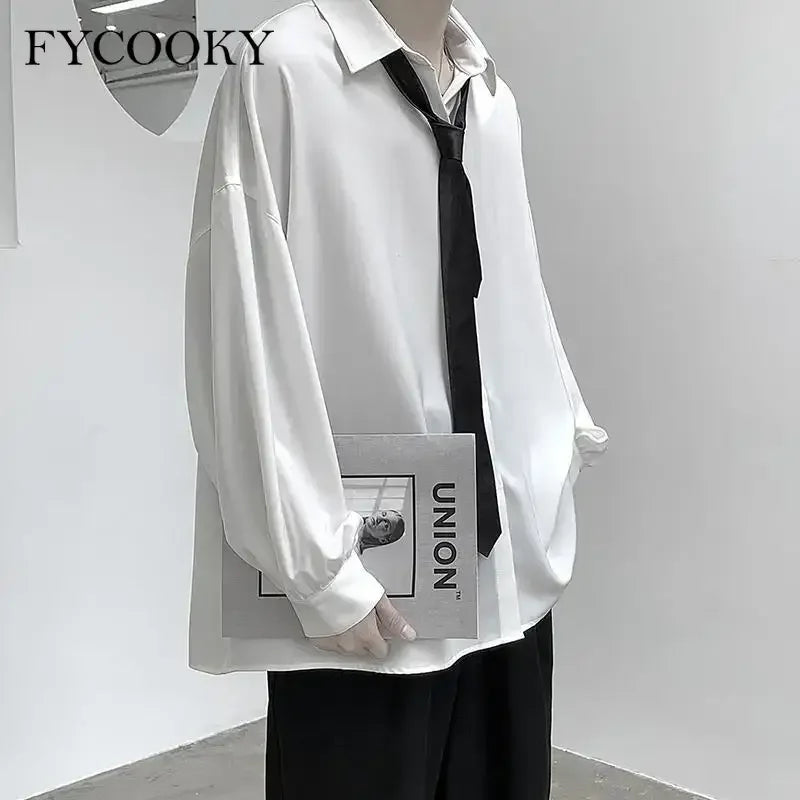 2025 Black Long-sleeved Shirts Men Korean Comfortable Blouses Casual Loose Single Breasted Shirt with Tie