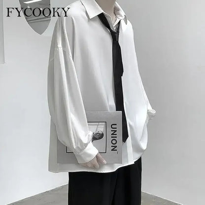 2025 Black Long-sleeved Shirts Men Korean Comfortable Blouses Casual Loose Single Breasted Shirt with Tie