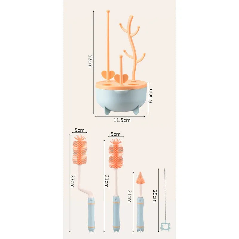 Portable 6 in 1 Baby Bottle Cleaner Set with Drying Rack 2 Silicone Baby Bottle Brushes Straw Brush Nipple Brush & Storage Box