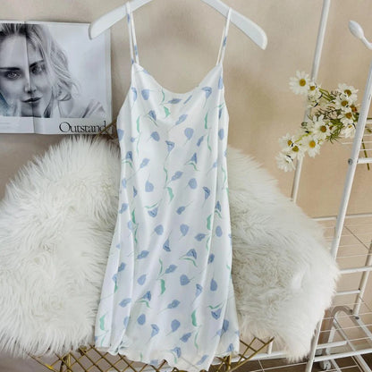 Summer Female Chemise Nightgown Sleepwear Print Flower Nightie Nightwear Sexy Strap Swing Collar Mini Nightdress Satin Home Wear