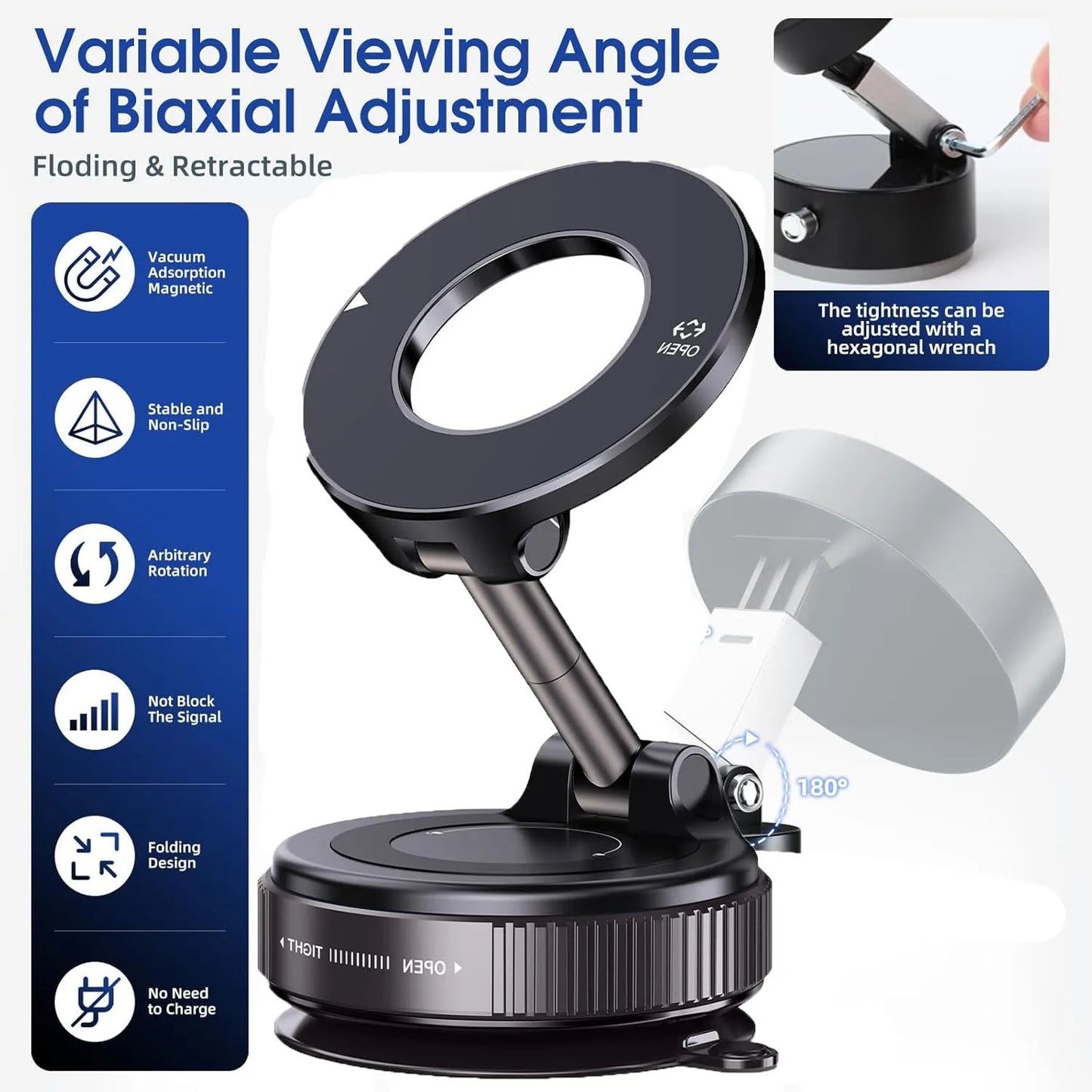 Upgraded Foldable Magnetic Car Phone Mount – 360° Rotatable, Dashboard Suction Cup, with Extra Mount Pad & Adjustment Wrench