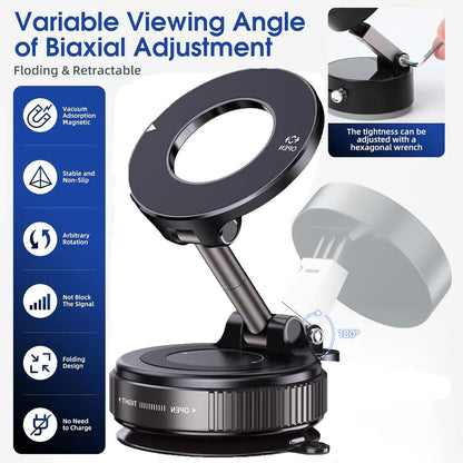 Upgraded Foldable Magnetic Car Phone Mount – 360° Rotatable, Dashboard Suction Cup, with Extra Mount Pad & Adjustment Wrench