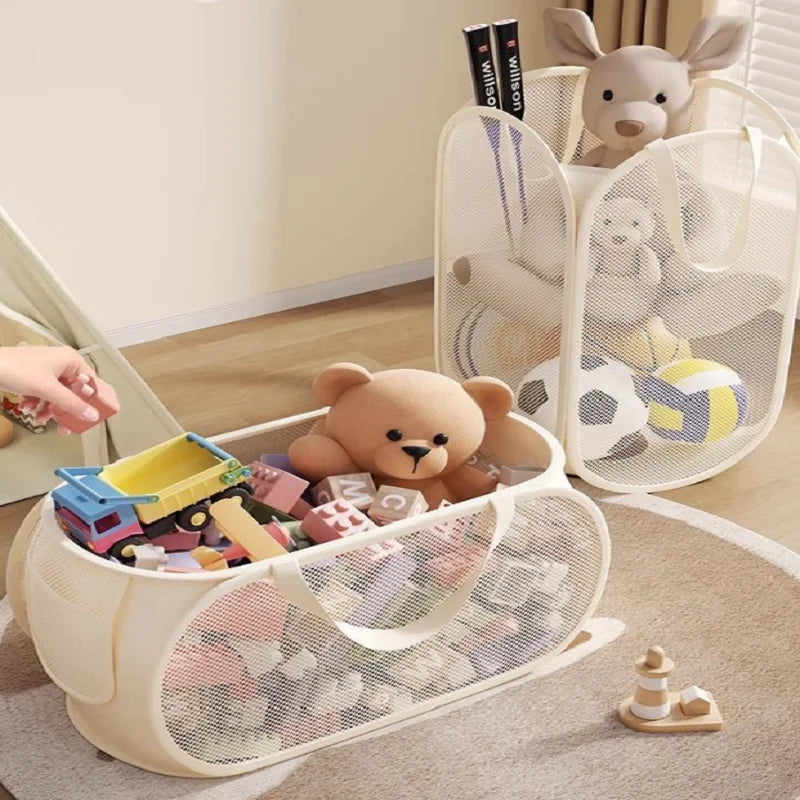 Foldable Mesh Toy Storage Basket, Large Breathable Mesh Laundry Hamper with Handles, Vertical & Horizontal Dual Styles Kids Toy