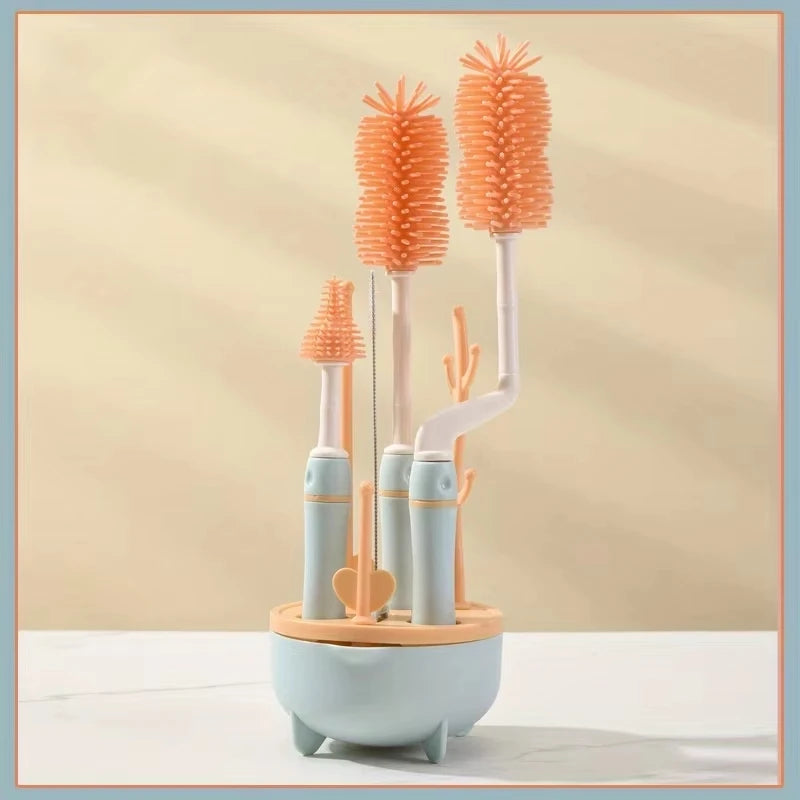 Portable 6 in 1 Baby Bottle Cleaner Set with Drying Rack 2 Silicone Baby Bottle Brushes Straw Brush Nipple Brush & Storage Box
