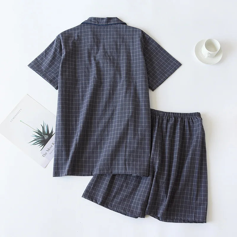 Men's Shorts Pajamas Suit for Summer Thin Short-sleeved Shorts Cotton Simple Plaid Design Pantalon Pijama Hombre Mens Sleepwear