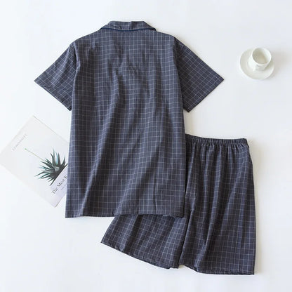 Men's Shorts Pajamas Suit for Summer Thin Short-sleeved Shorts Cotton Simple Plaid Design Pantalon Pijama Hombre Mens Sleepwear