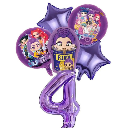 K P Foil Balloon Set Girl Group 1-9 Number & Purple Star Balloons Character Cake Toppers for Birthday Party & Photo Props