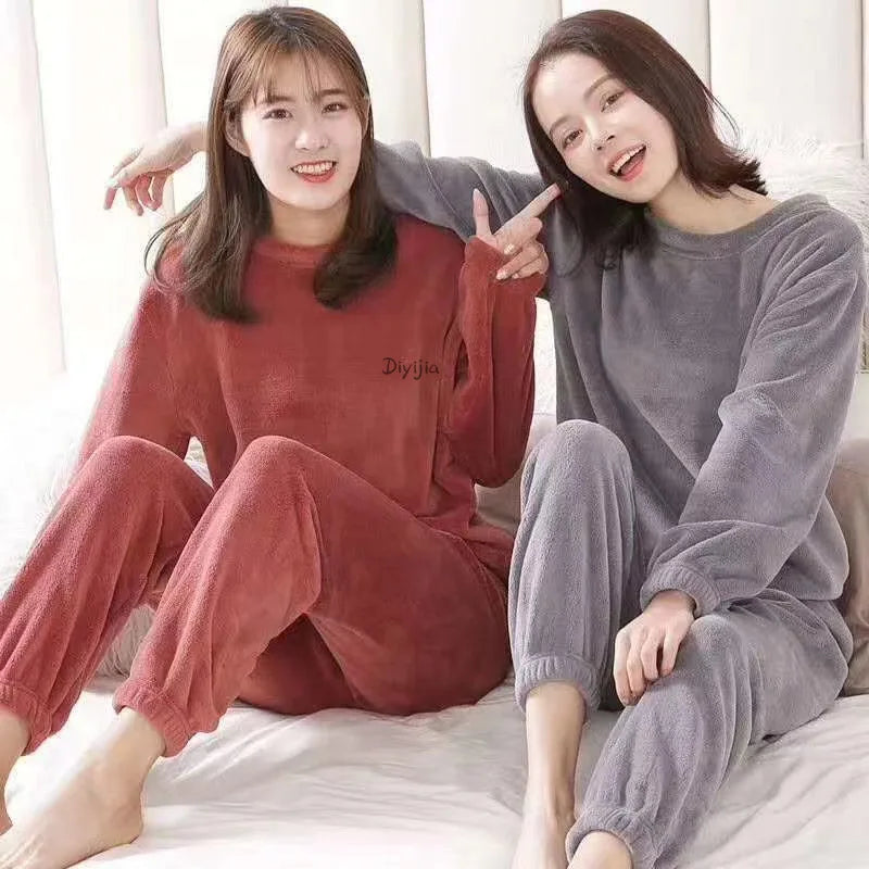 Women Warm Suit Coral Velvet Loungewear Loose Soft Fleece Thick Pajamas 2 Piece Set International Students Sleepwear Winter