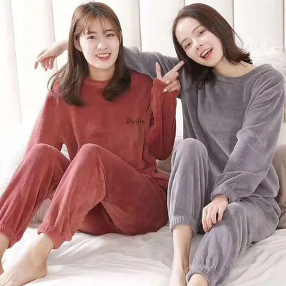 Women Warm Suit Coral Velvet Loungewear Loose Soft Fleece Thick Pajamas 2 Piece Set International Students Sleepwear Winter
