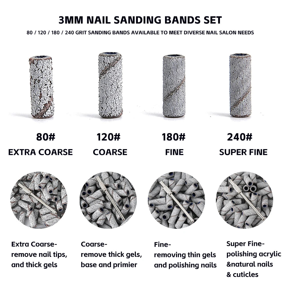 3mm Nail Sanding Bands-80/120/180/240 Grit Mini Nail Drill Bit Electric Nail File Accessory Polishing Manicure Tool 50 2030