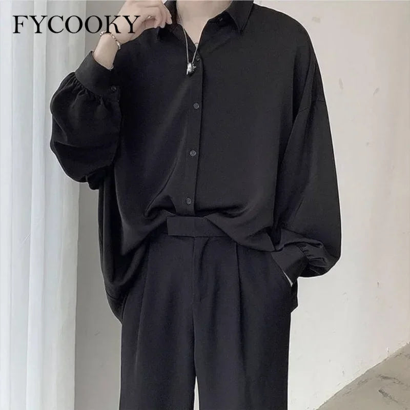 2025 Black Long-sleeved Shirts Men Korean Comfortable Blouses Casual Loose Single Breasted Shirt with Tie
