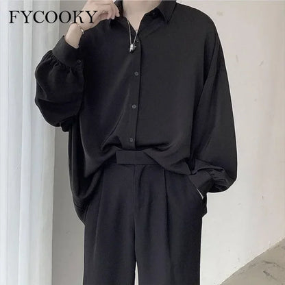2025 Black Long-sleeved Shirts Men Korean Comfortable Blouses Casual Loose Single Breasted Shirt with Tie