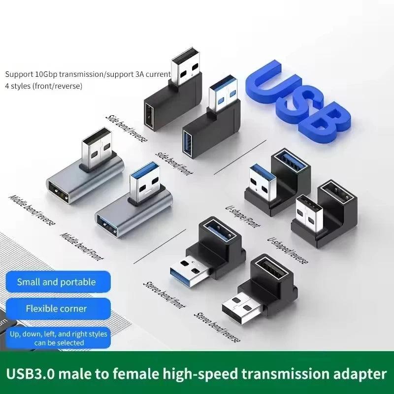 NNBILI USB3.0 Male to Female Right Angle Extension Adapter 90 Degree USB Connector Elbow Adapter 10Gbps For Laptop PC Converter