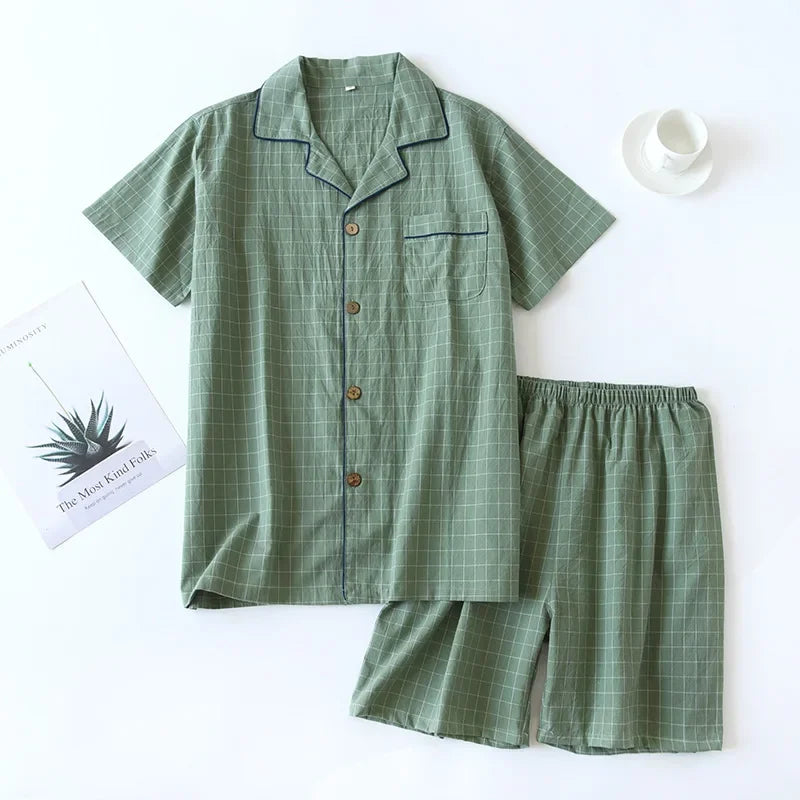Men's Shorts Pajamas Suit for Summer Thin Short-sleeved Shorts Cotton Simple Plaid Design Pantalon Pijama Hombre Mens Sleepwear