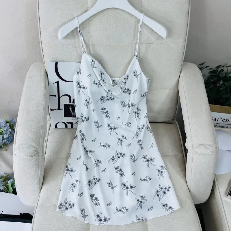 Summer Female Chemise Nightgown Sleepwear Print Flower Nightie Nightwear Sexy Strap Swing Collar Mini Nightdress Satin Home Wear