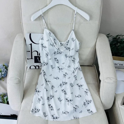Summer Female Chemise Nightgown Sleepwear Print Flower Nightie Nightwear Sexy Strap Swing Collar Mini Nightdress Satin Home Wear