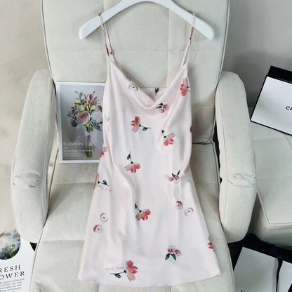 Summer Female Chemise Nightgown Sleepwear Print Flower Nightie Nightwear Sexy Strap Swing Collar Mini Nightdress Satin Home Wear