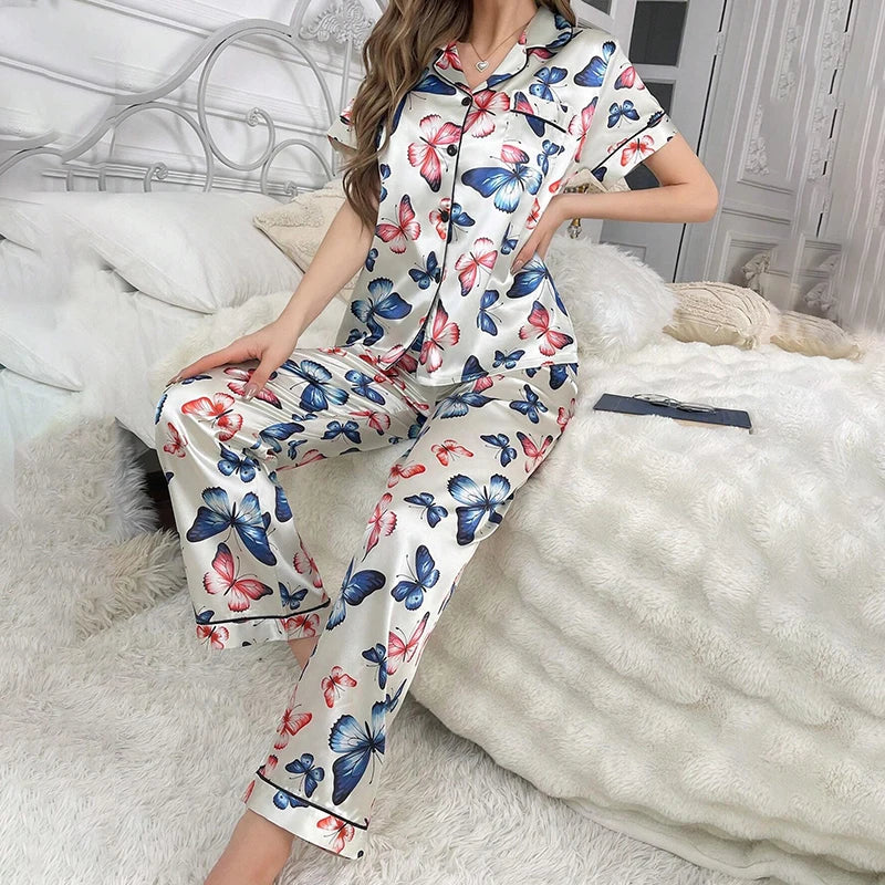 Satin Pajamas for Women Flower Print Sleepwear Autumn Home Clothes Soft Comfort Short Sleeve Tops & Pants Pyjama Pijama Femme