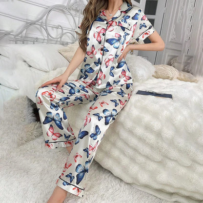 Satin Pajamas for Women Flower Print Sleepwear Autumn Home Clothes Soft Comfort Short Sleeve Tops & Pants Pyjama Pijama Femme