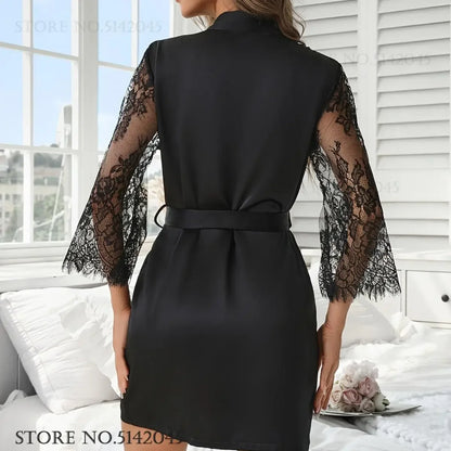 Bride Bridesmaid Wedding Robe Negligee Spring Summer Women Sleepwear Home Dress Patchwork Lace Kimono Bathrobe Gown Loungwear
