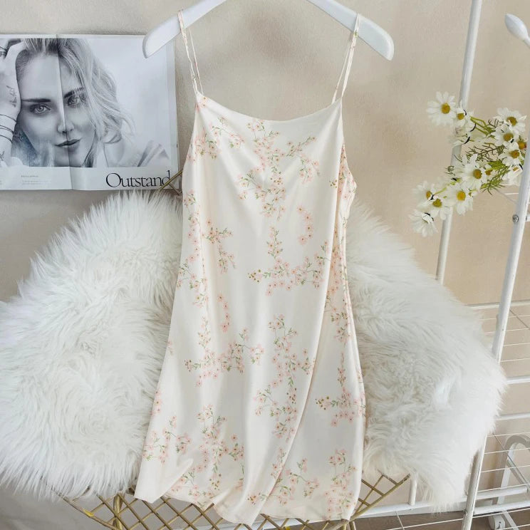 Summer Female Chemise Nightgown Sleepwear Print Flower Nightie Nightwear Sexy Strap Swing Collar Mini Nightdress Satin Home Wear