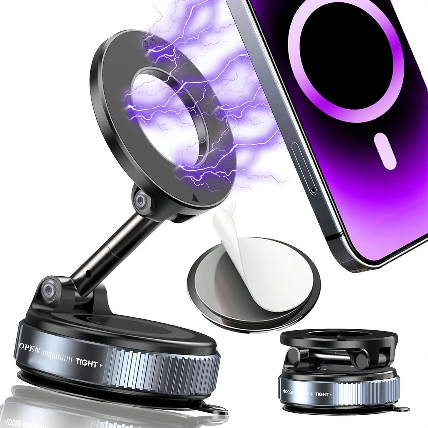 Upgraded Foldable Magnetic Car Phone Mount – 360° Rotatable, Dashboard Suction Cup, with Extra Mount Pad & Adjustment Wrench