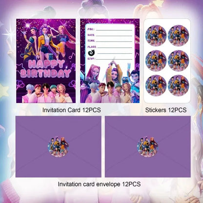 K P Foil Balloon Set Girl Group 1-9 Number & Purple Star Balloons Character Cake Toppers for Birthday Party & Photo Props