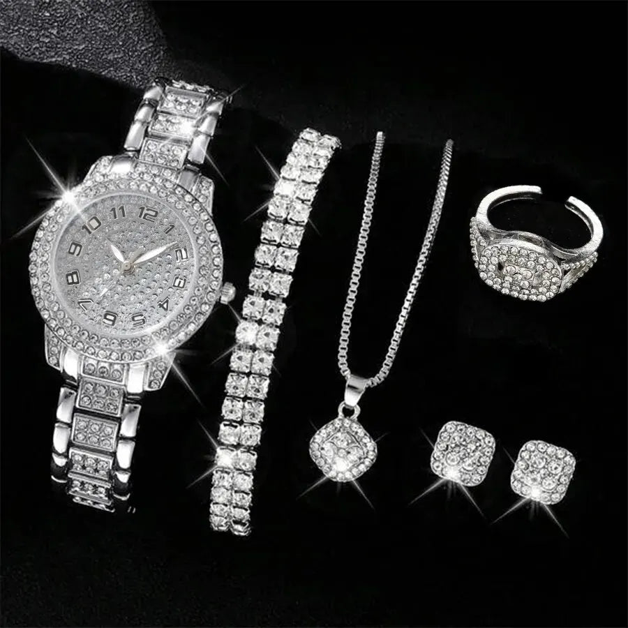 6PCS Luxury Rhinestone Women Quartz Watch Jewelry Set Elegant Ladies Wristwatch Accessories Gift Relogio Feminino（Without Box））