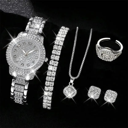 6PCS Luxury Rhinestone Women Quartz Watch Jewelry Set Elegant Ladies Wristwatch Accessories Gift Relogio Feminino（Without Box））