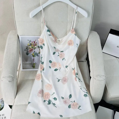 Summer Female Chemise Nightgown Sleepwear Print Flower Nightie Nightwear Sexy Strap Swing Collar Mini Nightdress Satin Home Wear