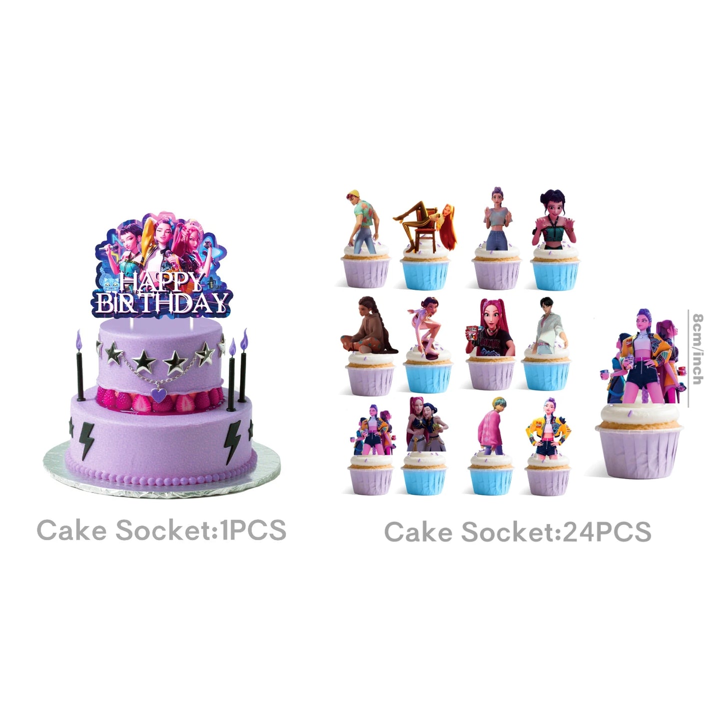 K P Foil Balloon Set Girl Group 1-9 Number & Purple Star Balloons Character Cake Toppers for Birthday Party & Photo Props