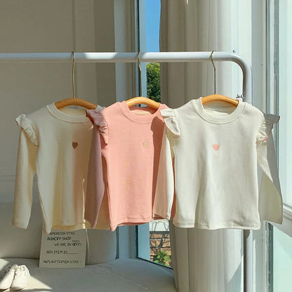 2025 Spring Girls Tees Top Lotus Sleeve Solid Colour Heart Long Sleeve T-Shirt Women Baby Cute Bottom Shirt Pajamas