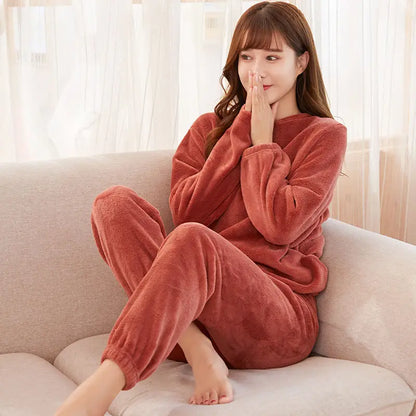 Women Warm Suit Coral Velvet Loungewear Loose Soft Fleece Thick Pajamas 2 Piece Set International Students Sleepwear Winter