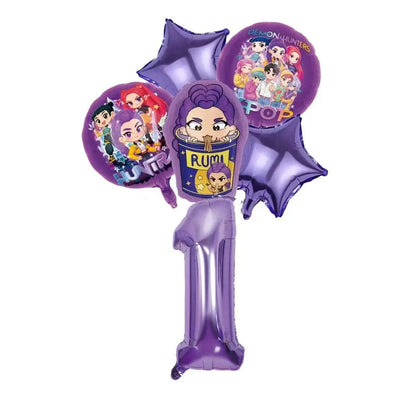K P Foil Balloon Set Girl Group 1-9 Number & Purple Star Balloons Character Cake Toppers for Birthday Party & Photo Props