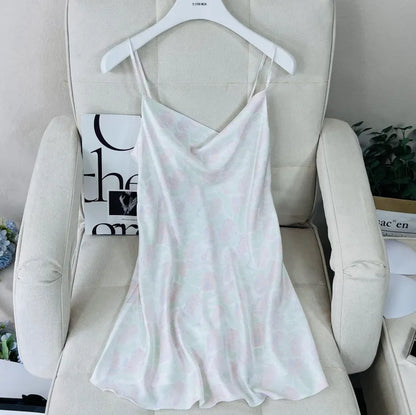 Summer Female Chemise Nightgown Sleepwear Print Flower Nightie Nightwear Sexy Strap Swing Collar Mini Nightdress Satin Home Wear