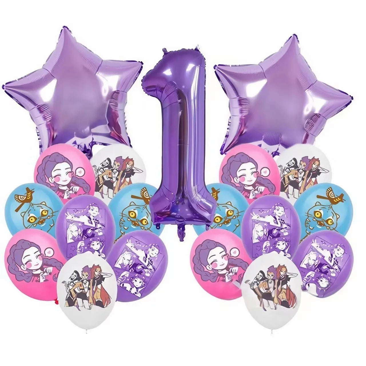 K P Foil Balloon Set Girl Group 1-9 Number & Purple Star Balloons Character Cake Toppers for Birthday Party & Photo Props