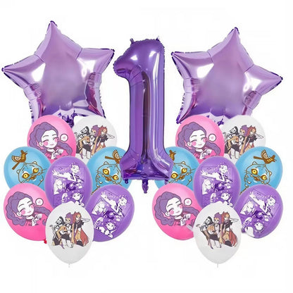 K P Foil Balloon Set Girl Group 1-9 Number & Purple Star Balloons Character Cake Toppers for Birthday Party & Photo Props