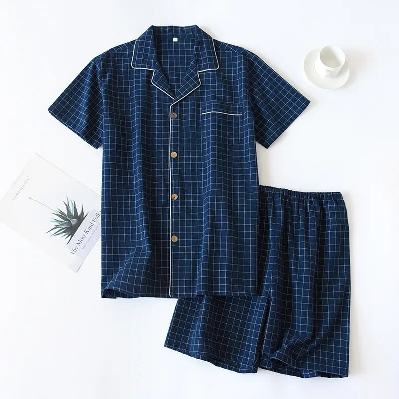 Men's Shorts Pajamas Suit for Summer Thin Short-sleeved Shorts Cotton Simple Plaid Design Pantalon Pijama Hombre Mens Sleepwear