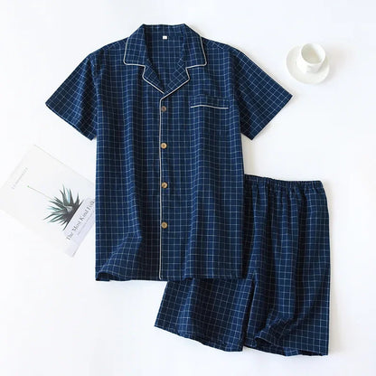 Men's Shorts Pajamas Suit for Summer Thin Short-sleeved Shorts Cotton Simple Plaid Design Pantalon Pijama Hombre Mens Sleepwear
