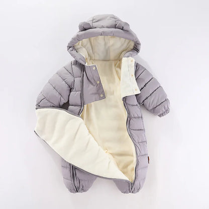 OLEKID 2025 Autumn Winter Baby Overalls Plus Velvet Hooded Warm Baby Girl Jumpsuit Toddler Boys Rompers Infant Newborn Sleepwear