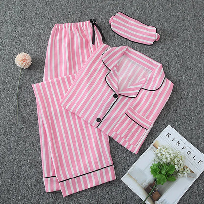 Sexy Sleepwear Women Plus Size Pink Striped Pajamas Bubble Crumpled Cotton Student Loungewear Long Sleeve Long Pants Nightwear