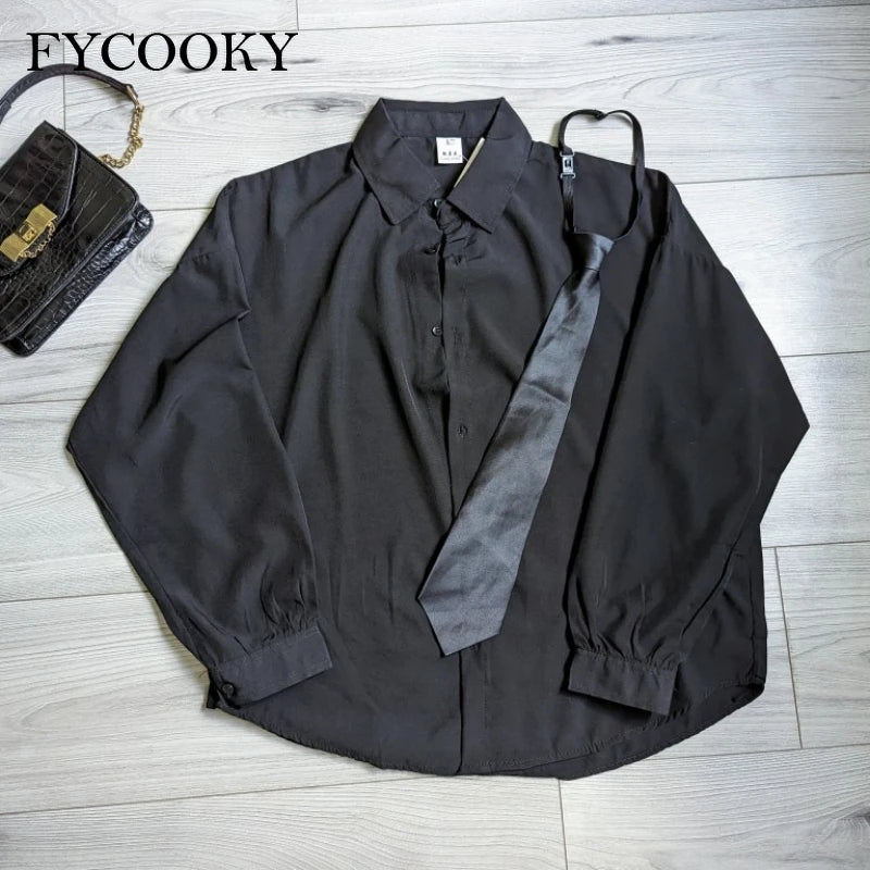 2025 Black Long-sleeved Shirts Men Korean Comfortable Blouses Casual Loose Single Breasted Shirt with Tie