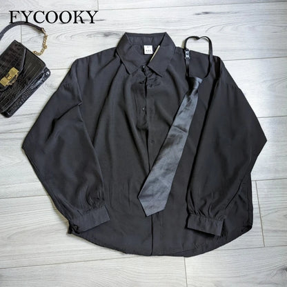 2025 Black Long-sleeved Shirts Men Korean Comfortable Blouses Casual Loose Single Breasted Shirt with Tie