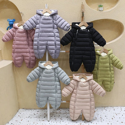 OLEKID 2025 Autumn Winter Baby Overalls Plus Velvet Hooded Warm Baby Girl Jumpsuit Toddler Boys Rompers Infant Newborn Sleepwear