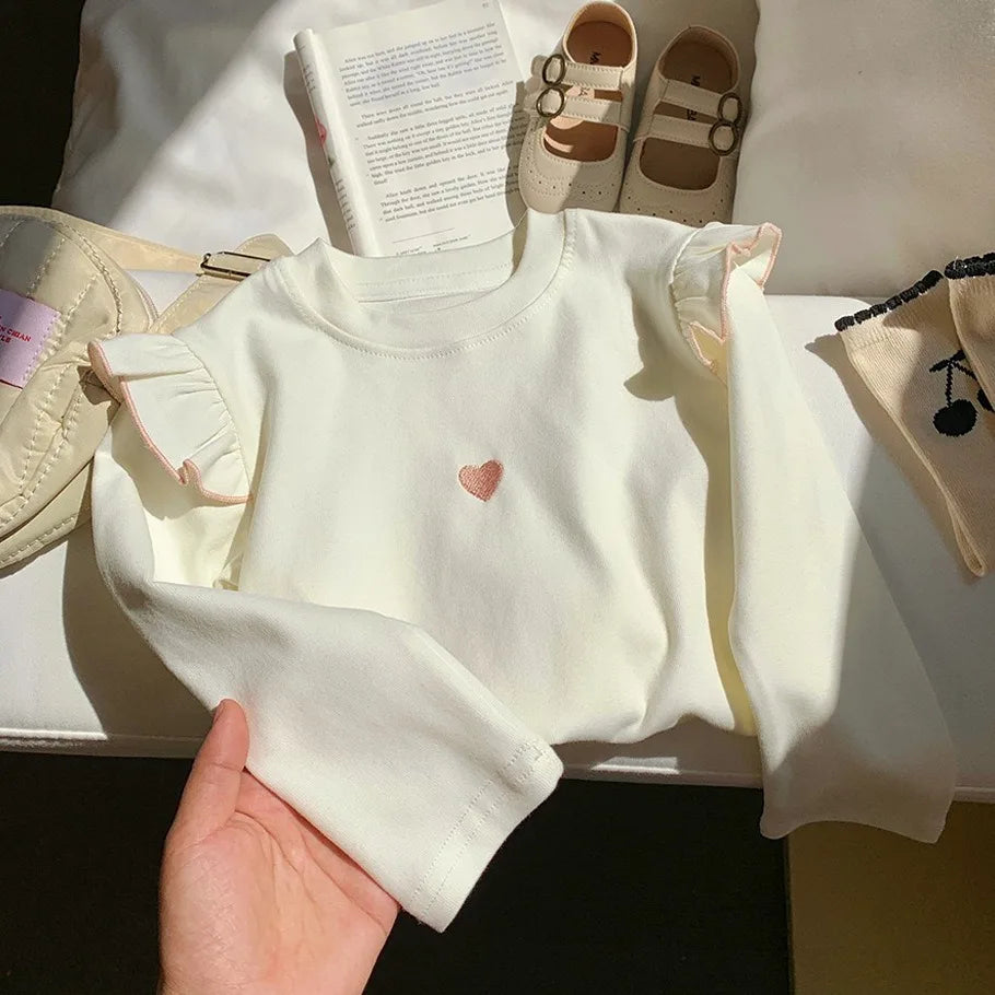 2025 Spring Girls Tees Top Lotus Sleeve Solid Colour Heart Long Sleeve T-Shirt Women Baby Cute Bottom Shirt Pajamas